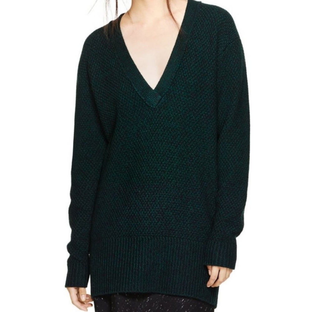 Aritzia Wilfred Serret Gray V Neck Merino Wool Ribbed Chunky Knit Tunic Sweater